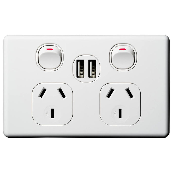 Double Pole Power Point With USB Charger - White