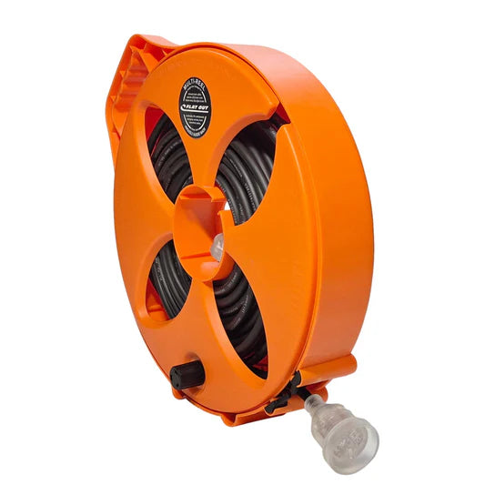 Flat Out 15amp 12.5m Premium Extension Lead Compact Multi-Reel Safety Orange