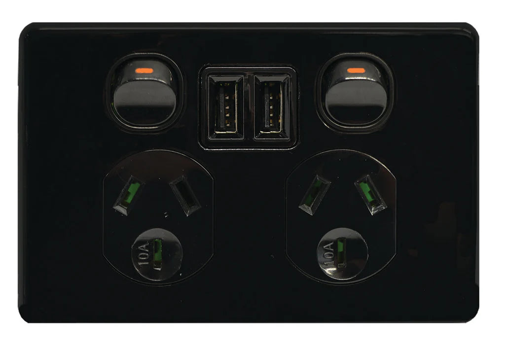 Double Pole Power Point With USB Charger - Black