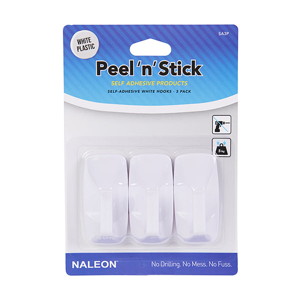 Naleon Peel 'N' Stick White Bathroom Hooks 3Pk