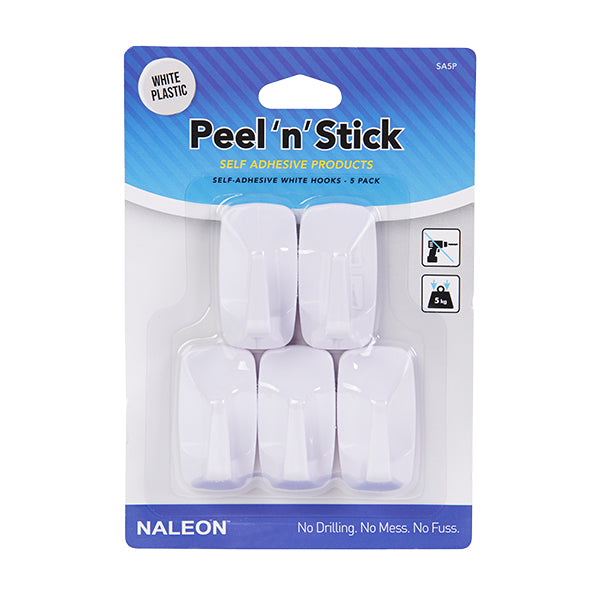 Naleon Peel 'N' Stick White Bathroom Hooks 5Pk