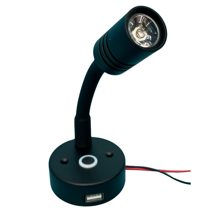 12V LED Black Reading Light Dimmable with Night Light & USB Port