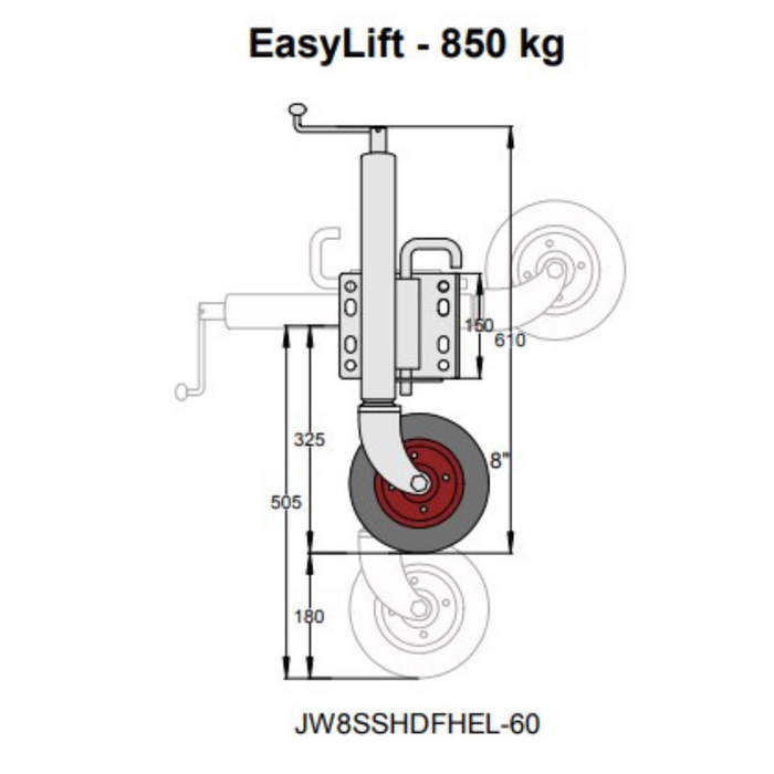 Jockey Wheel Easylift 8" HD 850kg Flip Handle