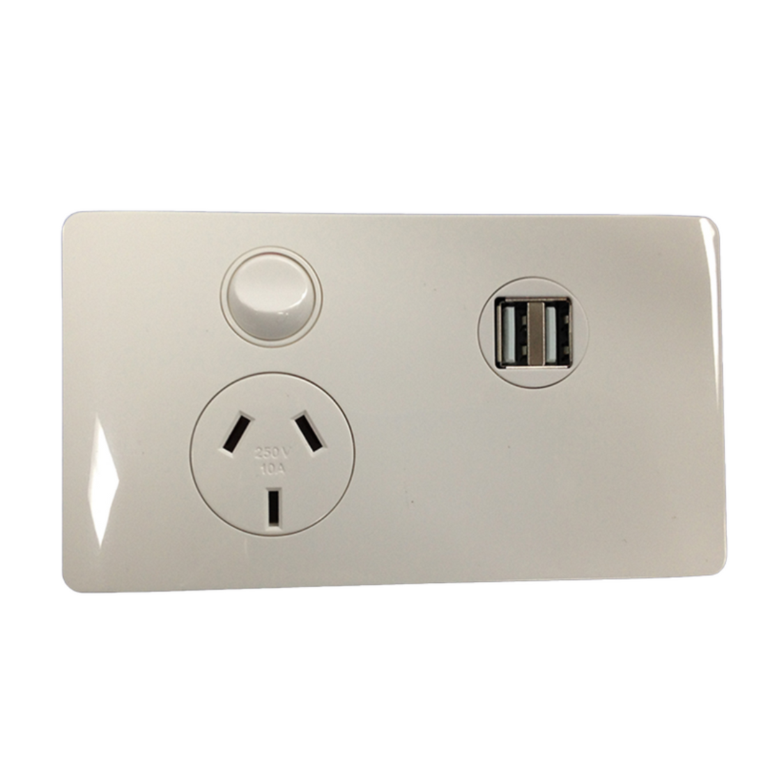 CMS Power Outlet Single N/W + DUAL 4A USB W/12VDC Terminal. J17.1UNW