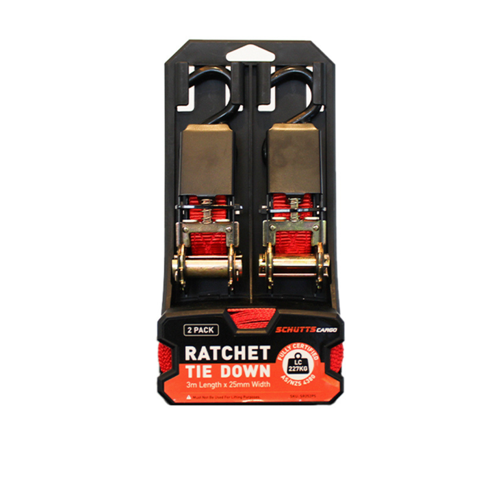 Schutts Cargo Ratchet Tie Down 25mm Wide x 3M 2Pk