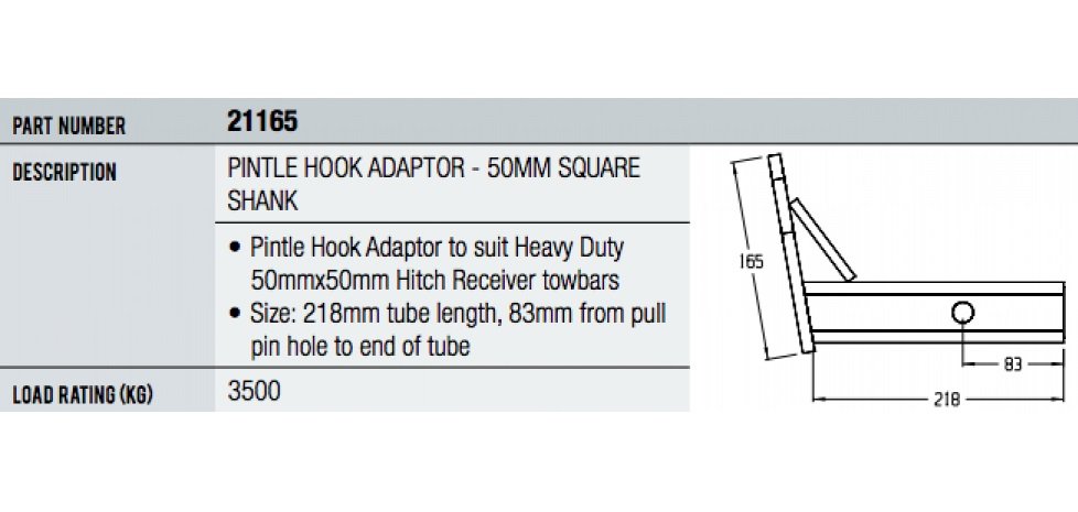 Hayman Reese Adjustable Pintle Hook Adaptor 218mm Tube Length - 3.5 Tonnes