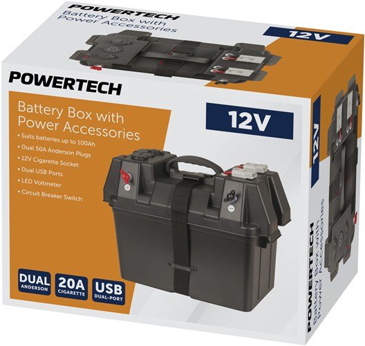 Powertech Battery Box With Voltmeter/ Dual Anderson Plugs/ Dual USB Ch