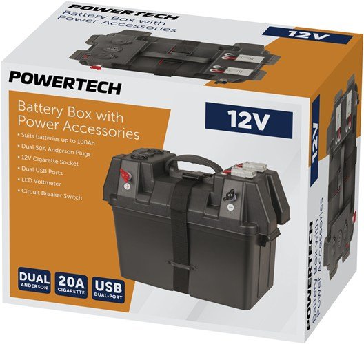 Powertech Battery Box With Voltmeter/ Dual Anderson Plugs/ Dual USB Charger