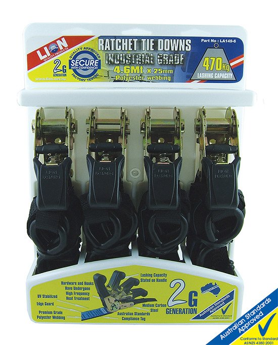 Lion Tie Down Ratchet 4 Piece Approved Industrial 25mm Wide x 4.6M