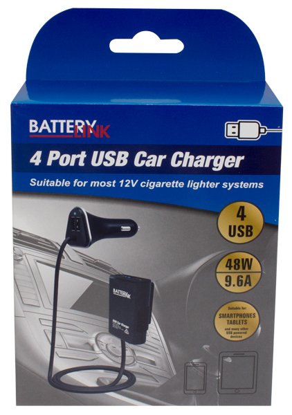 Battery Link 4 Port USB Car Charger With Back Seat Extension